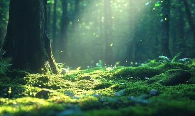 Fototapeta premium Close-up of a lush green moss-covered forest floor illuminated by soft natural light creating a peaceful and vibrant setting .