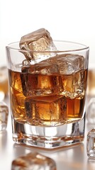 Refreshing amber liquor with ice cubes in a glass on a white surface showcasing a close up angle and minimalist style for stock photography