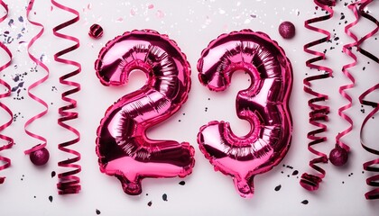Pink balloon number 23 for twenty-third birthday or anniversary party. White background with confetti