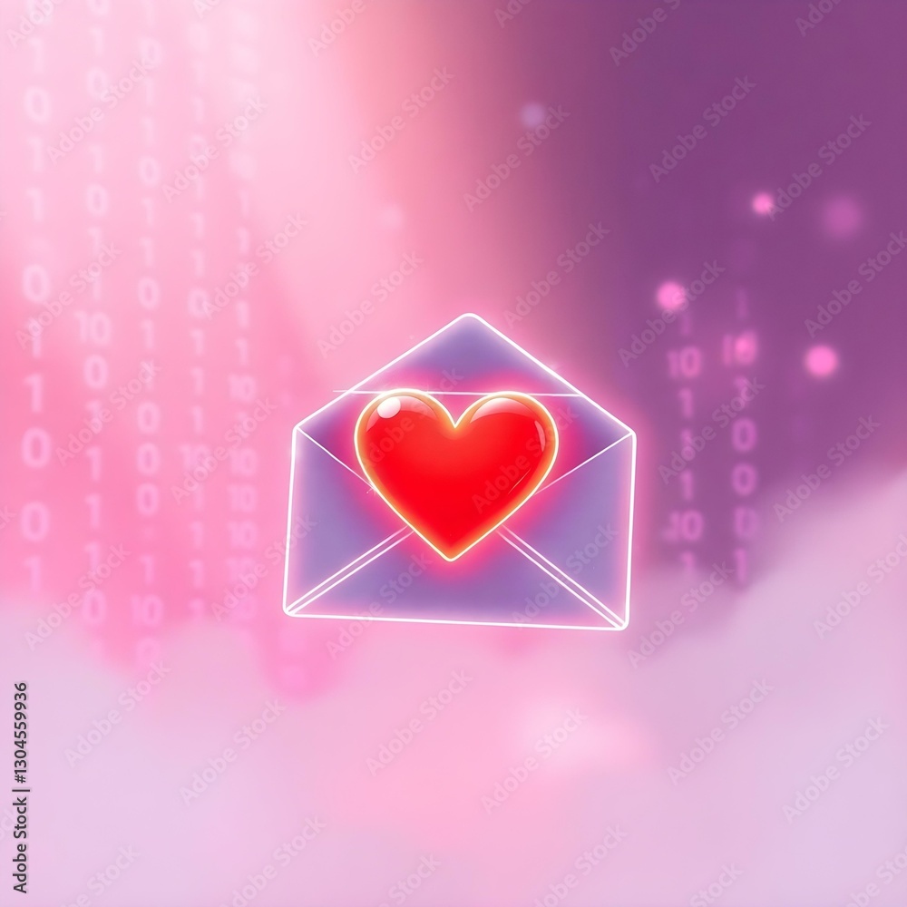 Poster a digital love letter: a glowing heart emerges from a stylized envelope amidst a backdrop of binary 