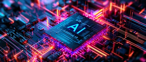 Obraz premium Futuristic AI processor chip on a glowing circuit board