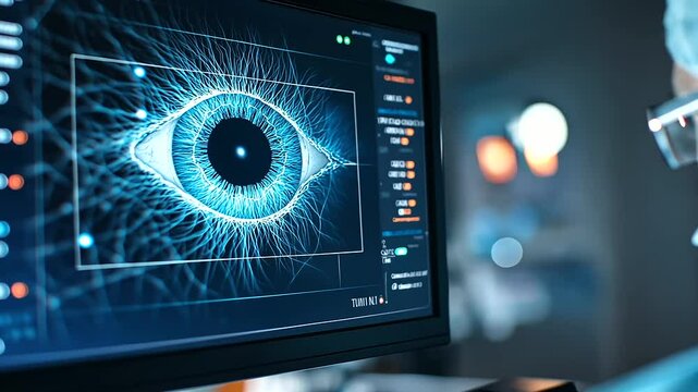 A detailed view of a medical screen showing a high-definition eye image, with tracking dots and motion lines, symbolizing sophisticated eye-tracking technology.