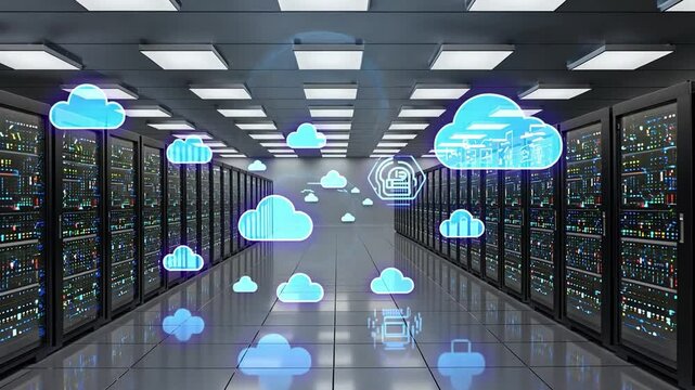 Cloud Computing: A server room, bathed in cool neon light, showcases an array of server racks and digital cloud icons, illustrating the technological advancements of digital cloud storage. 