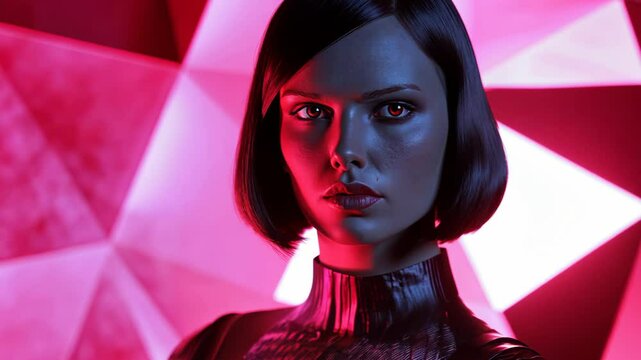 woman wearing Y2K style fashion attire , turtle neck glossy polygon shirt 