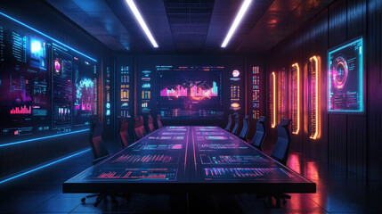 Innovative Virtual Meeting with Holographic Projections in a High-Tech Conference Room, Showcasing Futuristic Communication and Business Technology.
