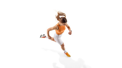 Top view of active woman in training, sprinting with strength, determination, and focus against white studio background. Concept of athletics, sport, endurance, fitness, healthy lifestyle. Ad