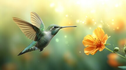 Fototapeta premium Hummingbird hovering near orange flower, garden bokeh background, nature poster