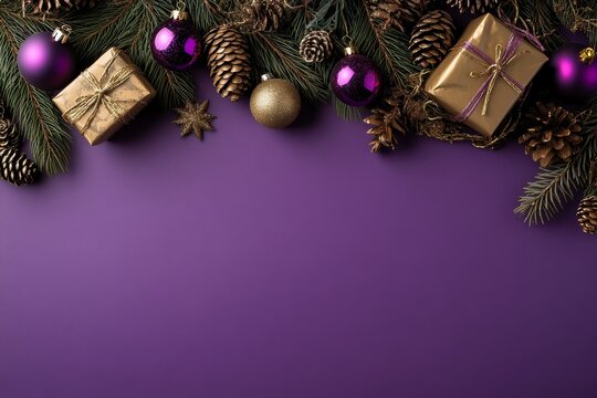 Christmas decorations, comprising golden and purple baubles, gift boxes, and star confetti, are strikingly displayed on a vibrant purple background, suitable for holiday and celebration themes