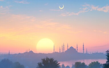 Fototapeta premium Serene sunrise over a city with mosques and a crescent moon.