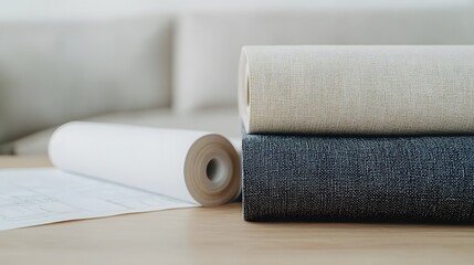Obraz premium Fabric rolls displayed on table cozy home setting textile photography close-up view creative design concepts