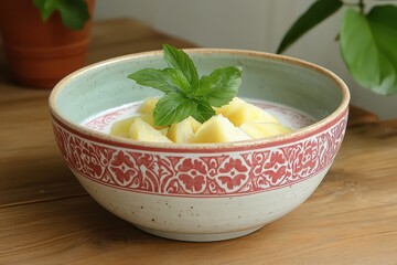 Creamy Banana Breakfast Bowl with Mint in Floral Ceramic Dish