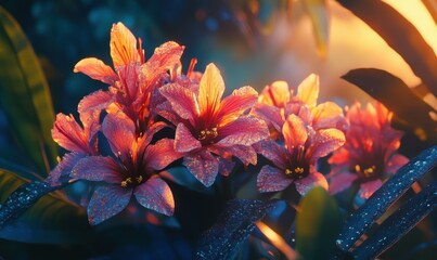 Close-up of colorful tropical flowers illuminated by soft sunlight showcasing intricate patterns and bold vibrant hues .