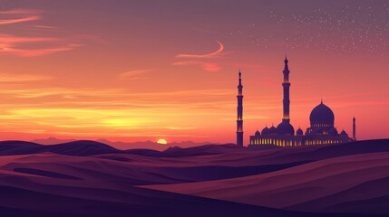 A beautiful mosque stands against a vibrant colorful desert sunset