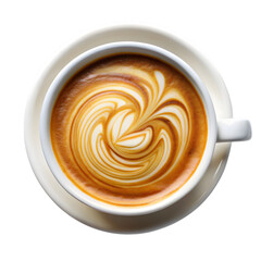 Latte Art Delight: A beautifully crafted latte sits in a white ceramic cup on a matching saucer. The intricate artwork on the foamy surface invites a moment of calm and sensory enjoyment.