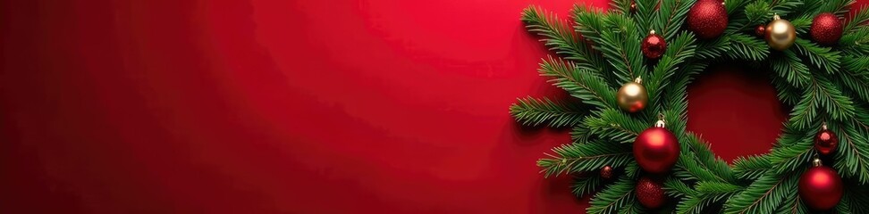 Fototapeta premium Red velvet background adorned with a lush greenery pine branch wreath and glass ornaments, ornaments, Christmas decoration