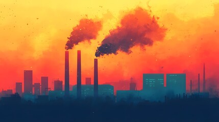 Obraz premium Industrial pollution in urban landscape city skyline digital art dusk setting dramatic viewpoint environmental awareness