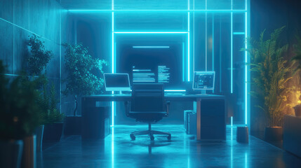 Futuristic office booth design with advanced technology and interactive displays, showcasing modern branding. Banner, copy space