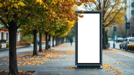 Blank Advertising Billboard in Autumn City Street with Colorful Leaves