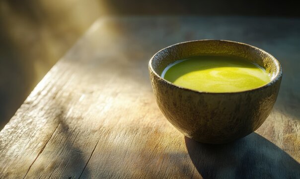 Close-up of freshly brewed matcha latte in a rustic ceramic cup placed on a textured wooden table, illuminated by natural light for a calming drink presentation