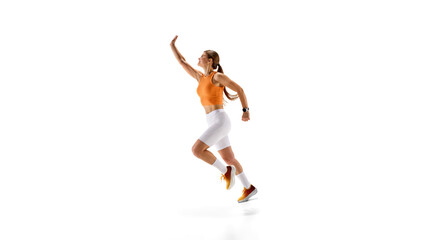 Focused female runner captured mid-air, accelerating with powerful strides, arms raised, body pushing limits against white studio background. Concept of speed, strength, athleticism, victory