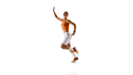 Dynamic image of female athlete sprinting, smiling, raising arm in triumph, moving with rhythm, demonstrating strength and agility against white studio background. Concept of endurance, success.
