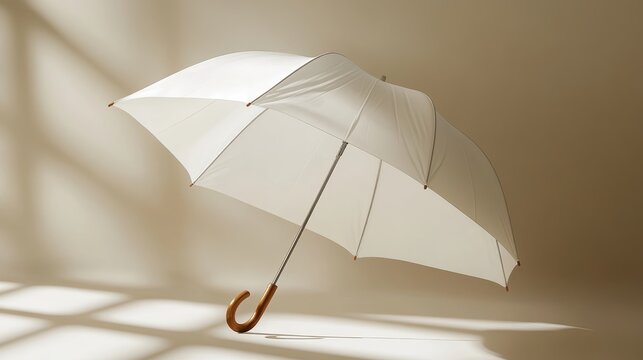 A sleek, minimalist white umbrella mockup, its curved wooden handle adding a touch of rustic charm to its modern design, stands against a neutral backdrop, emphasizing its simplicity and elegant