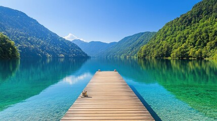Fototapeta premium Serene Mountain Lake with Wooden Dock