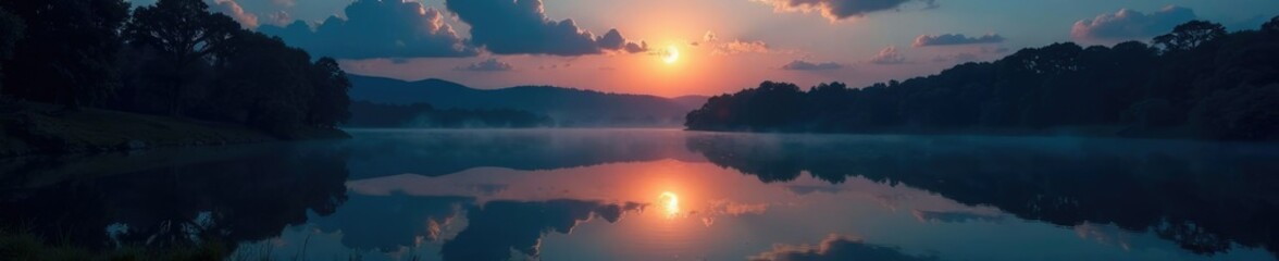 Fototapeta premium Reflection of half Moon in a quiet pond at dawn, astronomy, natural