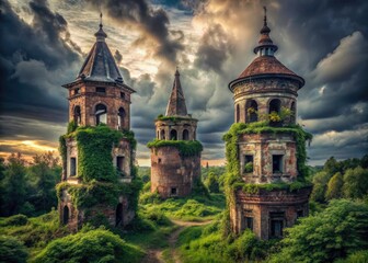 Fototapeta premium Abandoned Russian Towers: Urban Exploration Photography - Crumbling Structures, Soviet Era Architecture, Post-Soviet Decay