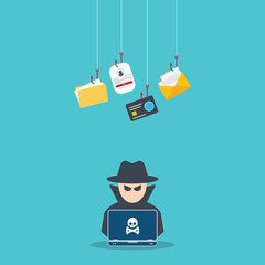 Hacker with laptop computer stealing confidential data, personal information and credit card detail. Hacking concept.	