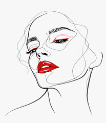 Vector art of simplicity: abstract drawing of a woman with bright lips and light makeup on a white background
