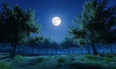Naklejka premium Dramatic glowing moonlight illuminating a peaceful forest scene, with tall trees casting soft shadows on the ground