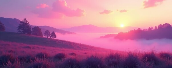 Soft pink hues spread across a serene landscape at dawn, serene, mist