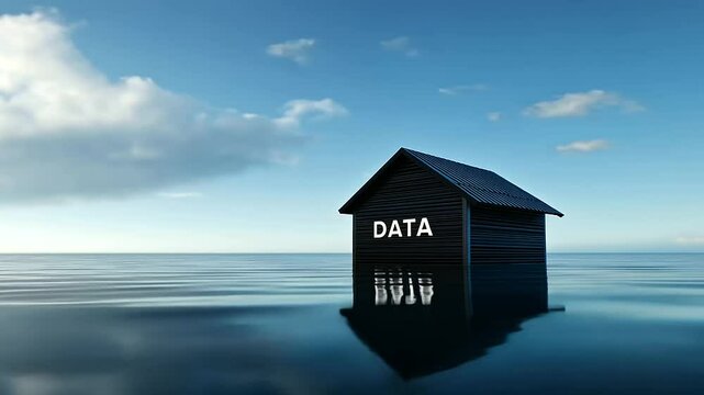 A house floating on calm water, with the word data prominently displayed on the side, symbolizing the fusion of data lakes and warehouses into a unified data lakehouse.