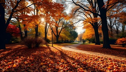 Obraz premium Autumn Sunlight Shines Through Trees on a Winding Path Surrounded by Fallen Leaves