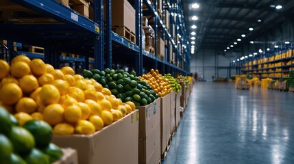 Fresh Citrus Fruits in Warehouse Environment with Vibrant Colors and Organized Storage for Food Production and Distribution