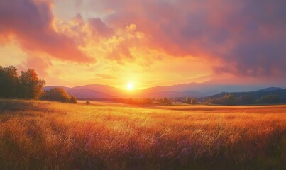 Dynamic sunset over a rural field with dramatic orange and pink hues painting the sky, soft golden light highlighting the landscape