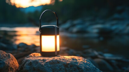 Serene Sunset: Illuminated Lantern on Rocky Riverbank at Dusk