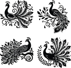 Collection of four detailed black and white peacock silhouette illustrations with ornate feathers and floral accents for artistic designs and tattoos.