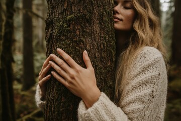 Dendrotherapy, a woman hugs a tree trunk that emits positive energy, acting on the nervous system and causing relaxation