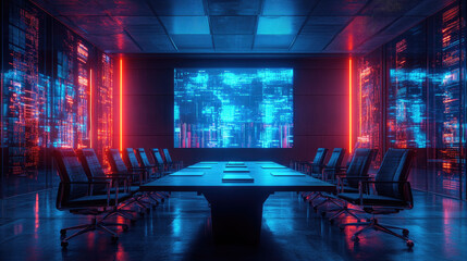 Innovative Virtual Meeting with Holographic Projections in a High-Tech Conference Room, Showcasing Futuristic Communication and Business Technology.