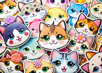 Adorable Kawaii Cat Stickers: Cute Kitty Faces, Pastel Colors, Fun Designs, Digital Art Print