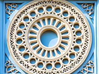 Naklejka premium Circular architectural detail with ornate patterns and light blue backdrop