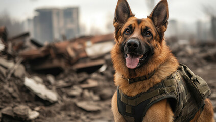 Military working dog in camouflage vest, standing vigilant amid urban rubble, representing tactical readiness and unwavering loyalty