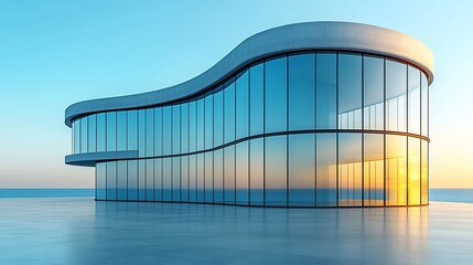 Fototapeta premium Modern glass building reflects serene sunset ocean light. AI Generated