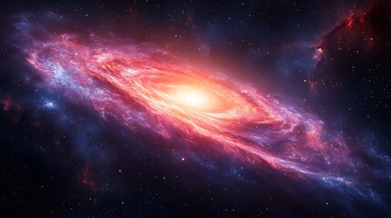 Fototapeta premium Vibrant spiral galaxy glows intensely with warm red and cool blue hues creating a cosmic spectacle. AI Generated