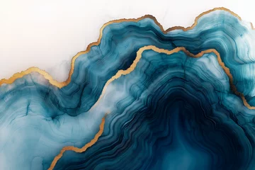 Abstract Agate Texture with Golden Veins and Glittering Accents in Blue Tones on a White Background for Decorative Art Designs and Modern Luxury Wallpapers
