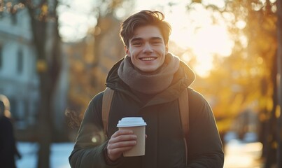 Portrait of a cheerful young man holding a hot drink outdoors, warm sunlight creating a cozy winter vibe.