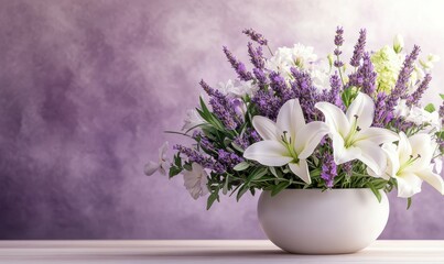 Fototapeta premium Elegant floral arrangement with lavender and white lilies against a soft pastel background, illuminated by diffused light creating a romantic composition .