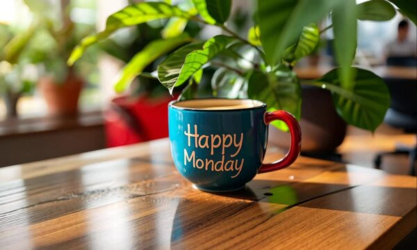 happy monday coffee cup stand on table animation